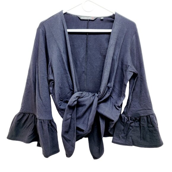 Colleen Lopez Navy Ruffle Sleeve Open-Front Black Cardigan Sweater Size M New - Picture 10 of 15